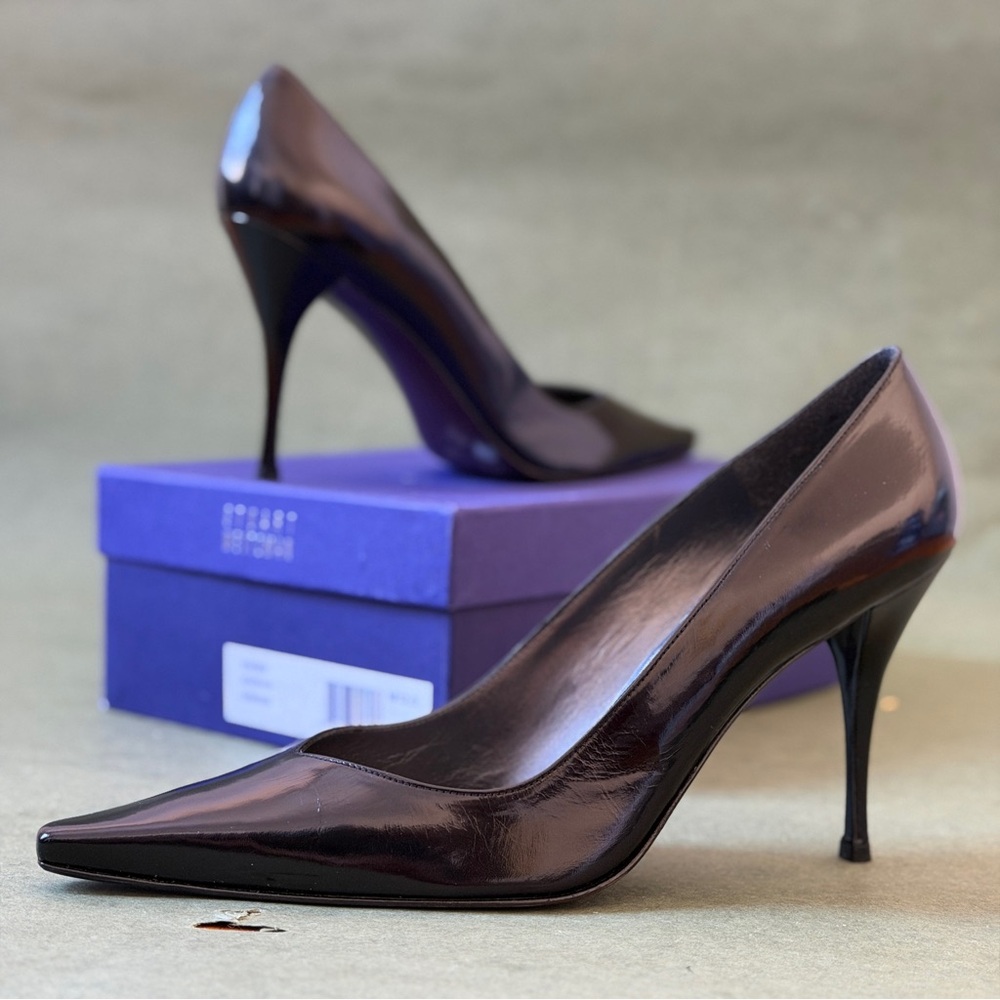Stuart Weitzman Garden Black Kid Leather Semi-Gloss Heels 12M